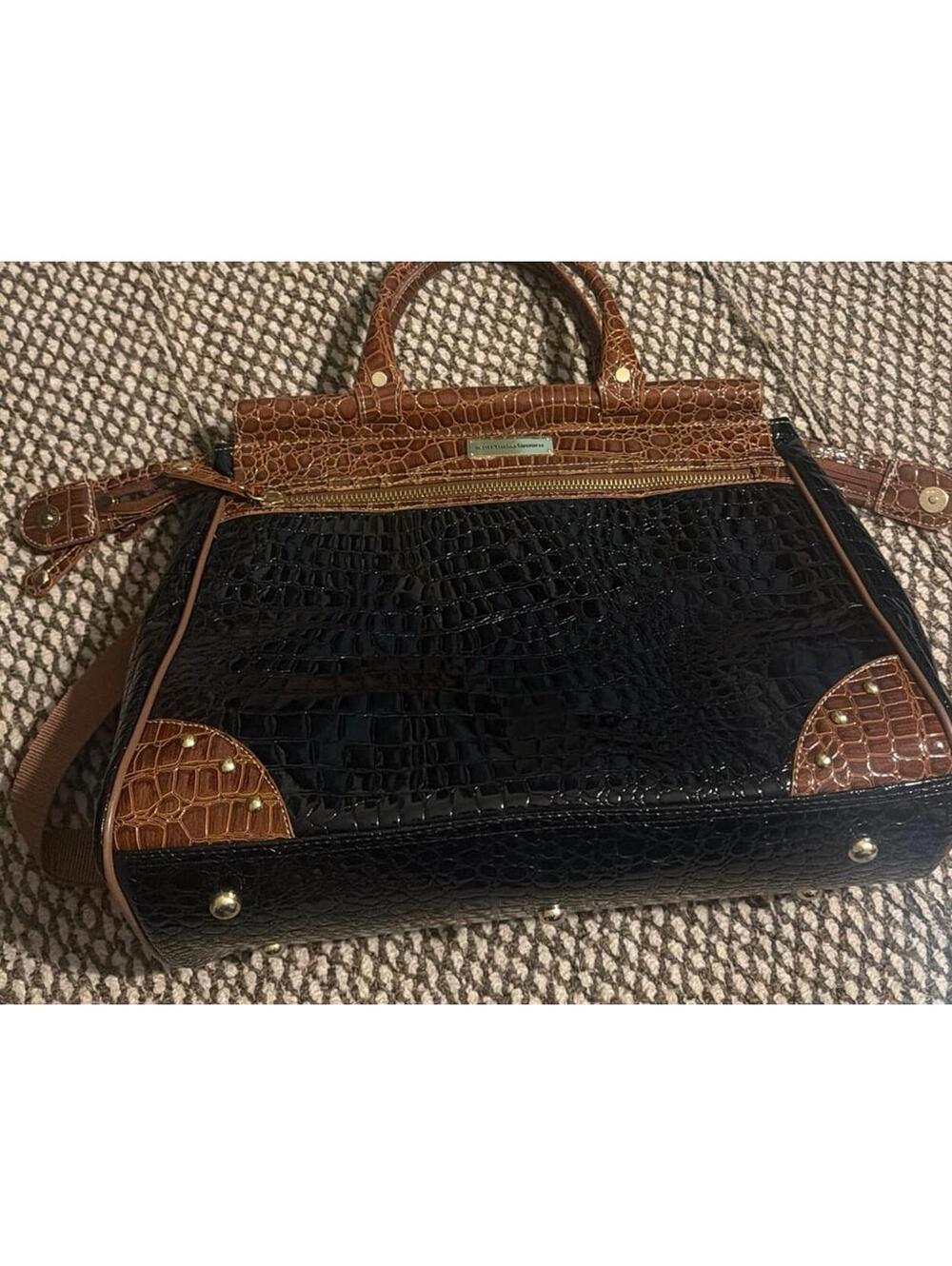 Samantha Brown Croco-Embossed Dowel Travel Bag Tote Work Weekender BLACK BROWN